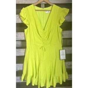 NWT Eliza J Size 14 Flutter Sleeve Ruched A Line Dress Lime Green Lined